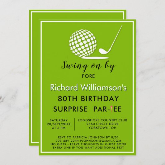 80th Surprise Birthday Party Men's Golf Theme 招待状 (正面/裏面)