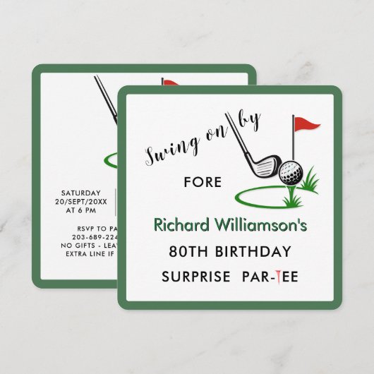80th Surprise Birthday Party Men's Golf Theme 招待状 (正面/裏面)