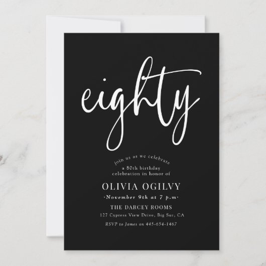 80th White on Black Birthday Party モダン Script 招待状 (正面)