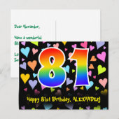 81歳の誕生日おめでとう:楽しいハート柄、虹81 ポストカード (正面/裏面)