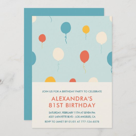 81歳の誕生日招待状バルーンモダン 招待状 (正面/裏面)