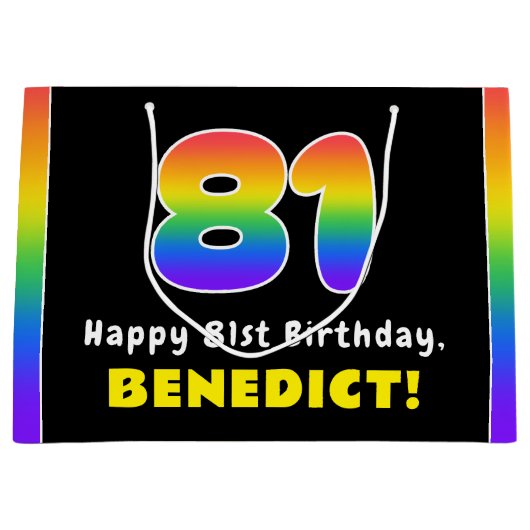 81番目の誕生日カラフル: Rainbow # 81,名前をカスタムする ラージペーパーバッグ (正面)