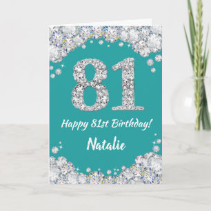 81番目の誕生日ティール(緑がかった色)とシルバーグリッターカード カード