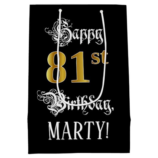 81番目の誕生日ファンシー～スクリプトフェイク;金ゴールド検索；名前 ミディアムペーパーバッグ (裏面)