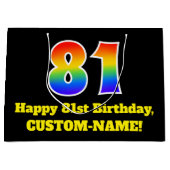 81番目の誕生日～おもしろい, カラフル, 鮮やか, Rainbow 81 ラージペーパーバッグ (正面)