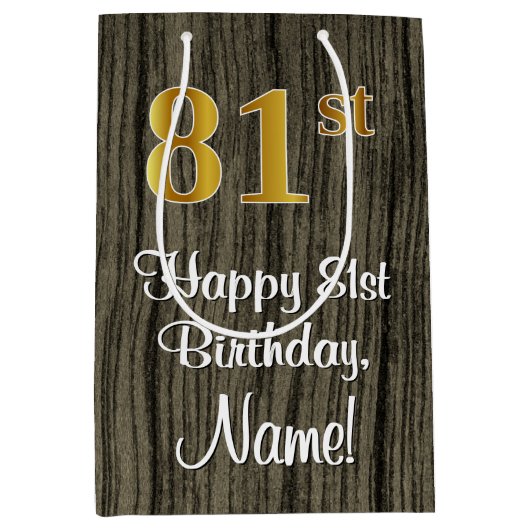 81番目の誕生日:エレガントフェイク金ゴールドルック#、フェイク木材 ミディアムペーパーバッグ (正面)