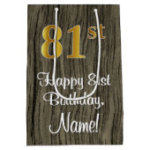 81番目の誕生日:エレガントフェイク金ゴールドルック#、フェイク木材 ミディアムペーパーバッグ (裏面)