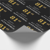 81番目の誕生日: エレガント、黒、フェイク金ゴールドルック ラッピングペーパー (角)