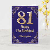 81誕生日ネイビーブルーと金ゴールドグリッターフレーム カード (黄色い花)