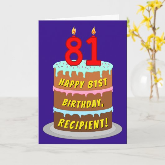 81誕生日:おもしろいケーキとキャンドル+名前をカスタムする カード (黄色い花)