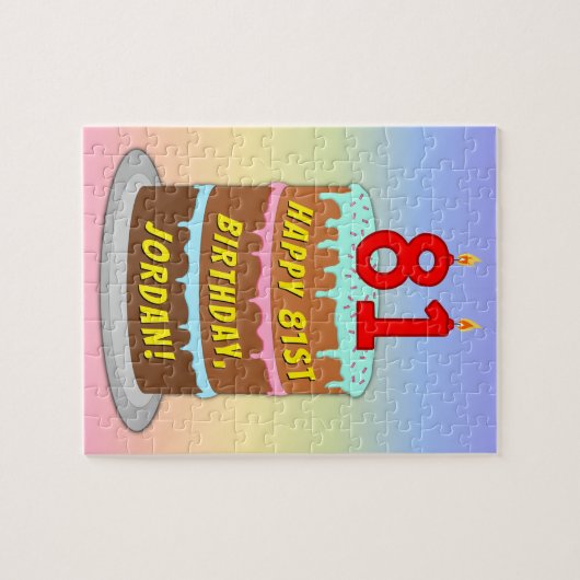 81誕生日:おもしろいケーキとキャンドル+名前をカスタムする ジグソーパズル (横)