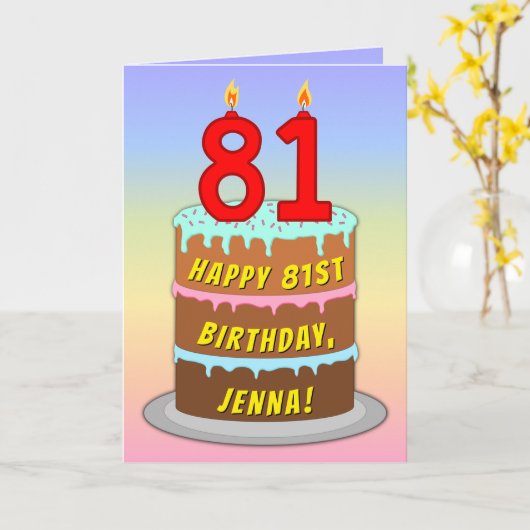 81誕生日—おもしろいケーキ&ろうそく、名前をカスタムする付き カード (黄色い花)