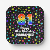 81誕生日:おもしろい星模様と虹"81" ペーパープレート (正面)