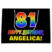 81誕生日:はっきりした、おもしろい、シンプル虹、虹81 ラージペーパーバッグ (正面)