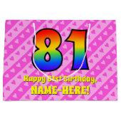 81誕生日:ピンクストライプのハート、レインボー# 81 ラージペーパーバッグ (正面)