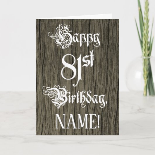 81誕生日:、ファンシーエレガント文字フェイク、木目 カード (正面)
