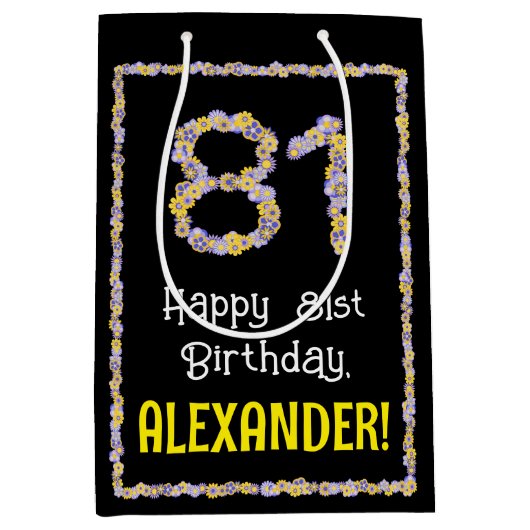 81誕生日:フローラ花数名前をカスタムする ミディアムペーパーバッグ (正面)