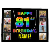 81誕生日：レインボー文字カスタム、写真&名前 ラージペーパーバッグ (裏面)