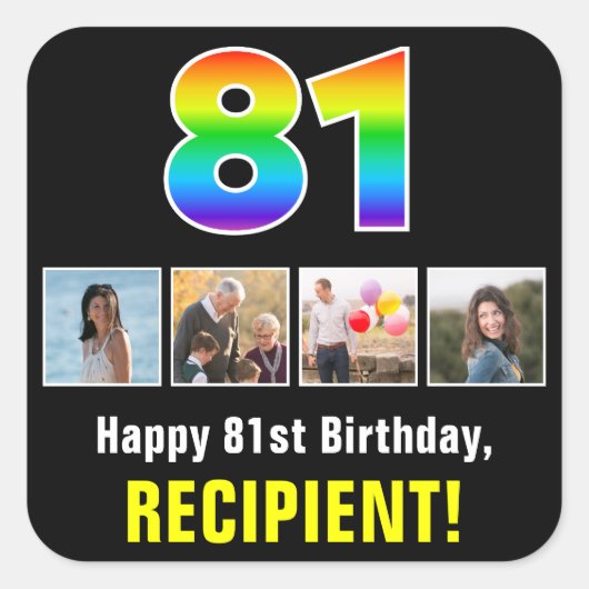 81誕生日: Rainbow "81"；写真カスタムと名前 スクエアシール (正面)