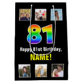 81誕生日: Rainbow "81"，写真カスタムと名前 ミディアムペーパーバッグ (裏面)