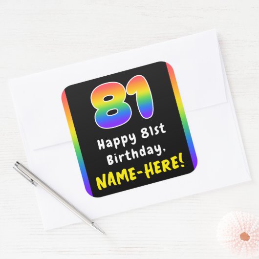81st Birthday: Rainbow Spectrum # 81, Custom Name スクエアシール (封筒)