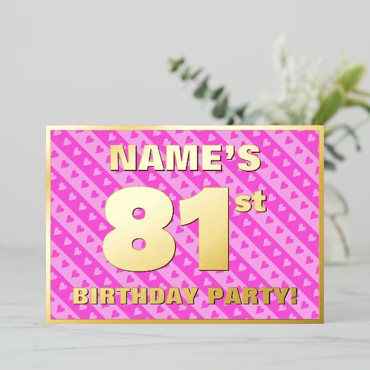 81th Birthday Party —おもしろいピンクハートとストライプ 箔招待状 (立ち正面)