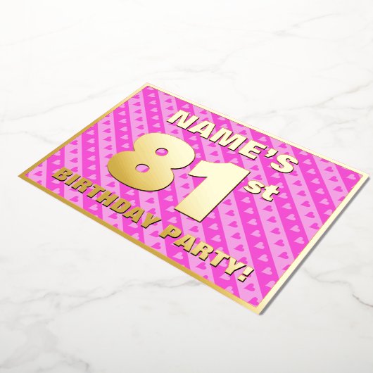 81th Birthday Party —おもしろいピンクハートとストライプ 箔招待状 (回転した状態)