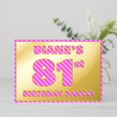 81th Birthday Party —はっきりした、おもしろい、ピンクストライプ色の# 81 箔招待状 (立ち正面)