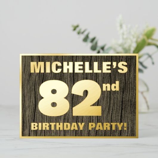 82回目の誕生日パーティはっきりしたーフェイク:, Wood Grain Pattern 箔招待状 (立ち正面)
