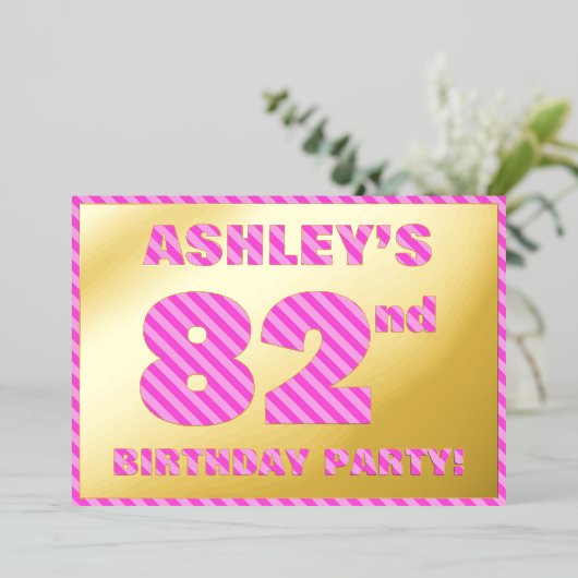 82回目の誕生日パーティはっきりした:おもしろい、ピンクストライプ色のアイテム# 82 箔招待状 (立ち正面)