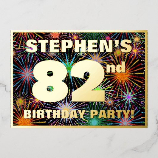 82回目の誕生日パーティー – おもしろいカラフル、Fireworks Look 箔招待状 (正面)
