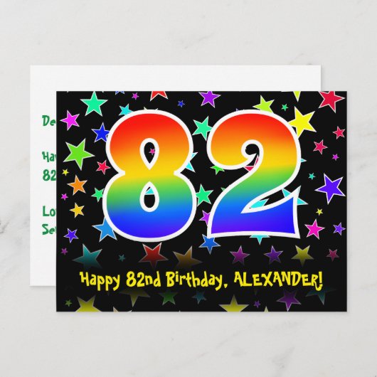 82歳の誕生日おめでとう：楽しいスターパターン、虹82、名前 ポストカード (正面/裏面)