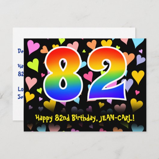 82歳の誕生日おめでとう:楽しいハート柄、虹82 ポストカード (正面/裏面)