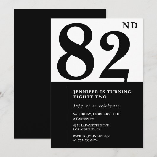 82歳の誕生日に最適なモノクロスタイル 招待状 (正面/裏面)