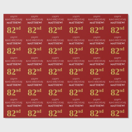 82番目の誕生日エレガント:，赤，フェイク金ゴールド ラッピングペーパー (フラット)