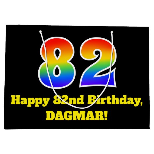 82番目の誕生日～おもしろい, カラフル, 鮮やか, Rainbow 82 ラージペーパーバッグ (裏面)