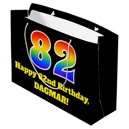 82番目の誕生日～おもしろい, カラフル, 鮮やか, Rainbow 82 ラージペーパーバッグ (裏面アングル)