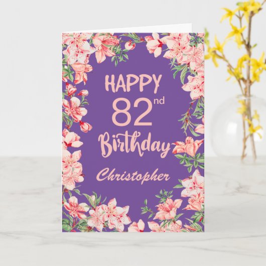 82誕生日パープルピンクピーチウォーターフローラ カード (黄色い花)