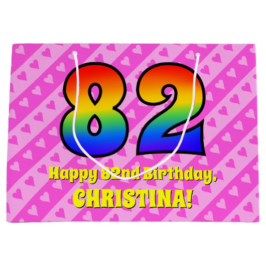 82誕生日:ピンクストライプハート、レインボー# 82 ラージペーパーバッグ (正面)