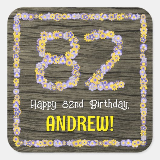 82誕生日:フローラ番号、フェイク木目、名前 スクエアシール (正面)