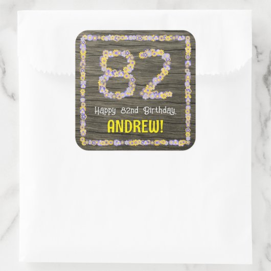 82誕生日:フローラ番号、フェイク木目、名前 スクエアシール (バッグ)