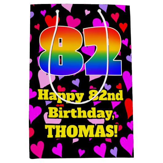 82誕生日:愛するハートパターン、虹# 82 ミディアムペーパーバッグ (正面)