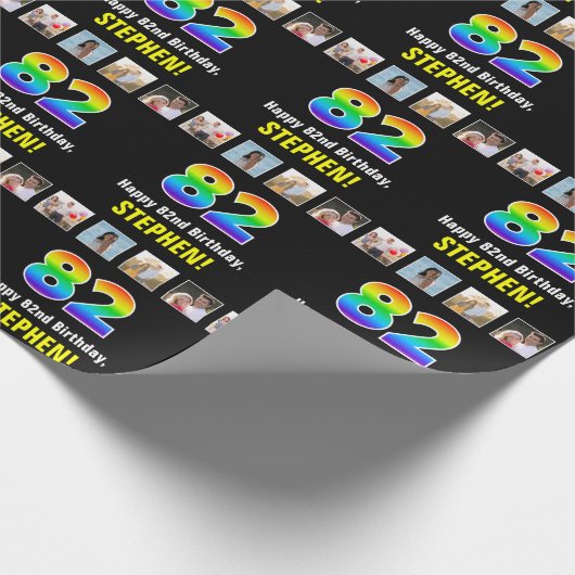 82誕生日: Rainbow "82"；写真カスタムと名前 ラッピングペーパー (角)