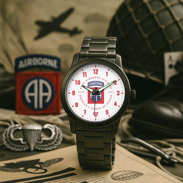 82nd Airborne Division Tribute Stainless Steel 腕時計 (82nd Airborne Division "America's Guard of Honor" Veteran Tribute Black Stainless Steel Watch)