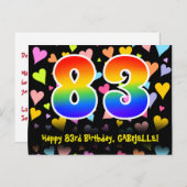 83歳の誕生日おめでとう:楽しいハート柄、虹83 ポストカード (正面/裏面)