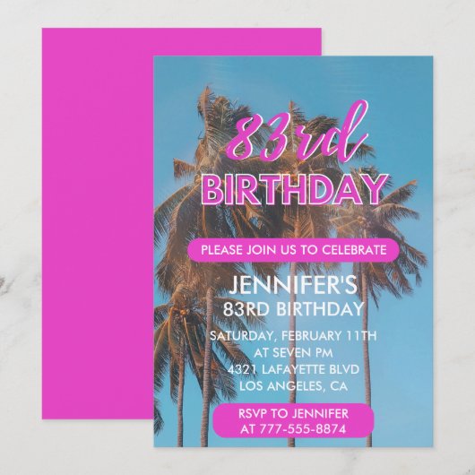 83歳の誕生日の招待状サマーピンクパームツリー 招待状 (正面/裏面)