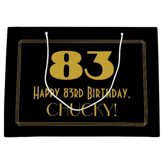 83歳の誕生日 - アールデコ風デザイン「83」&名前 ラージペーパーバッグ (正面)