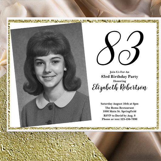 83歳の誕生日 カスタムフォト 白とゴールド 招待状