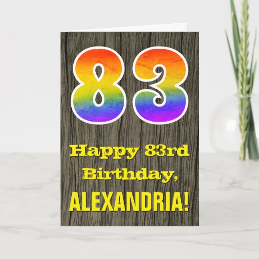 83歳の誕生日:素朴な偽の木の表情、虹の「83」 カード (正面)