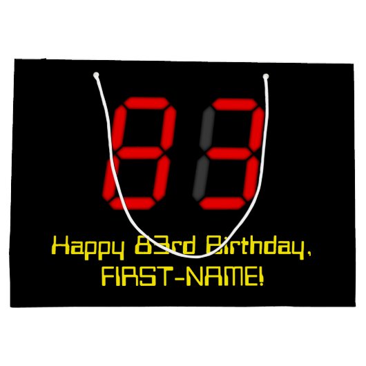 83歳の誕生日:赤いデジタル時計スタイルの"83" + 名前 ラージペーパーバッグ (裏面)